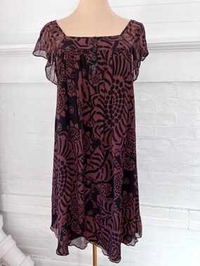 Tibi Silk Floral Flutter Sleeve Shift Dress Summer Black Brown Size 2